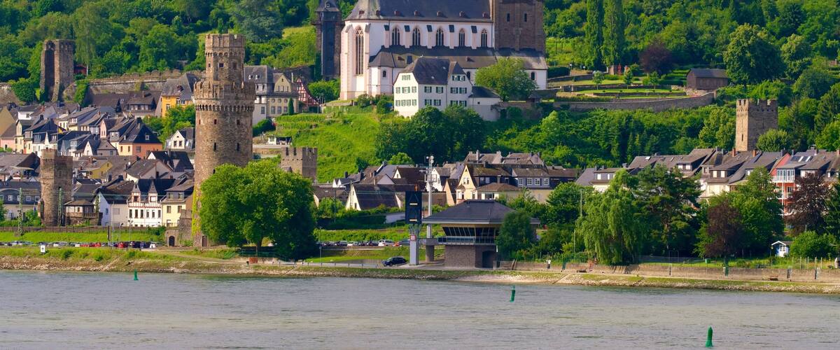 A historic town with a castle, towers, and a river.