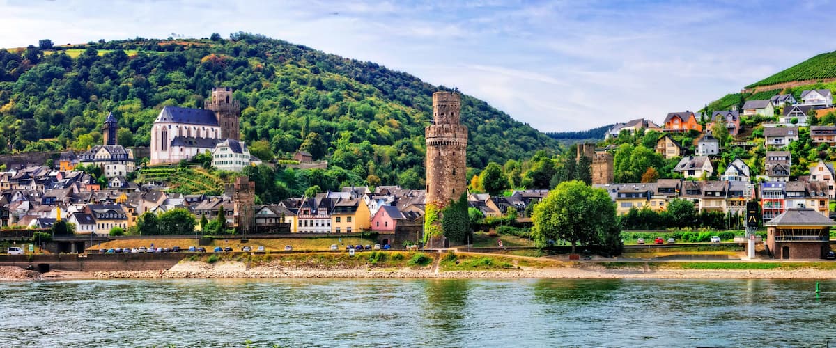 A riverside town with historic buildings, a church, and a castle on a hillside.