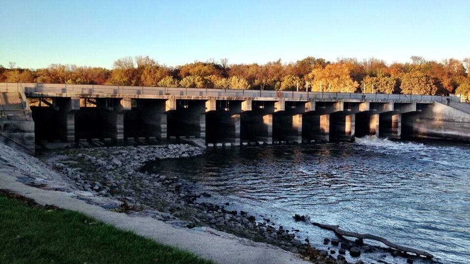 A concrete dam over a river with a grassy bank and trees in the background.