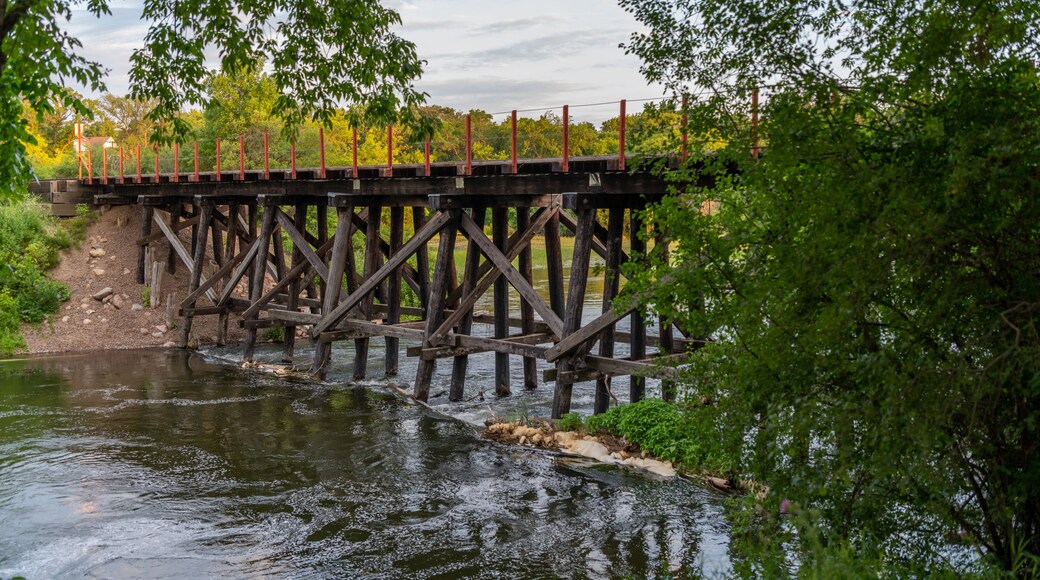Wooden railroad bridge over the Otter Tail River in Fergus Falls, Minnesota.