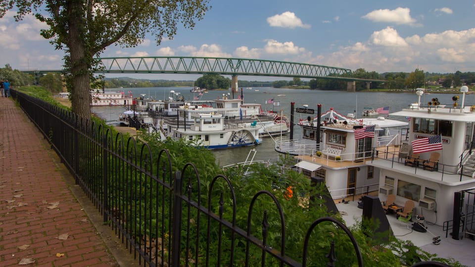 A riverfront with a bridge, boats, and a fenced walkway.