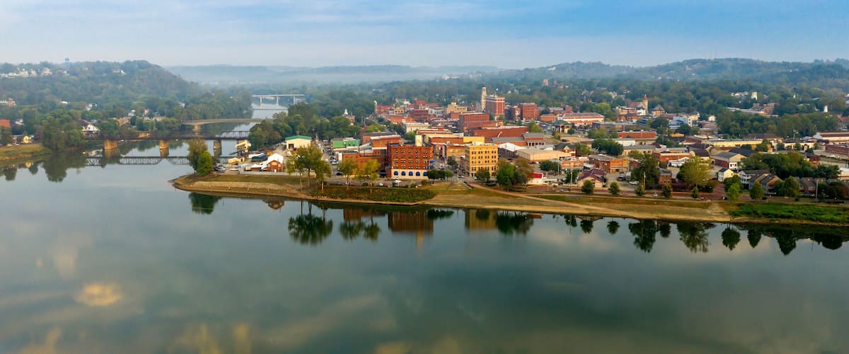 Foggy Morning Over the River and Main Street Marietta Ohio Washington County