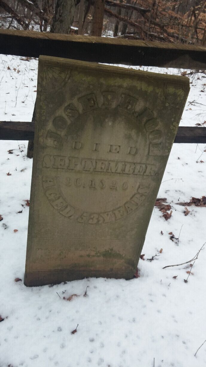 The grave marker of Joseph Pool who, along with his wife Sally, settled in Ohio after traveling from New York in 1812. They then proceeded to have 13 children. These stones mark the last known pioneer family graveyard in Sharon Township.