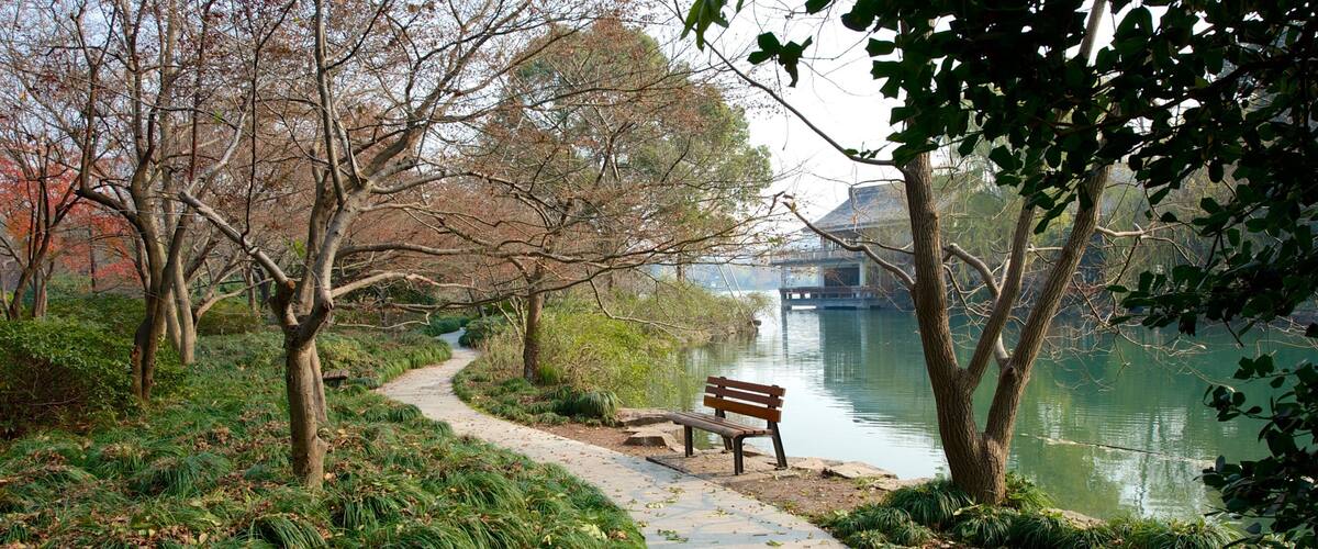 A park with a walking path, a bench, and a body of water.