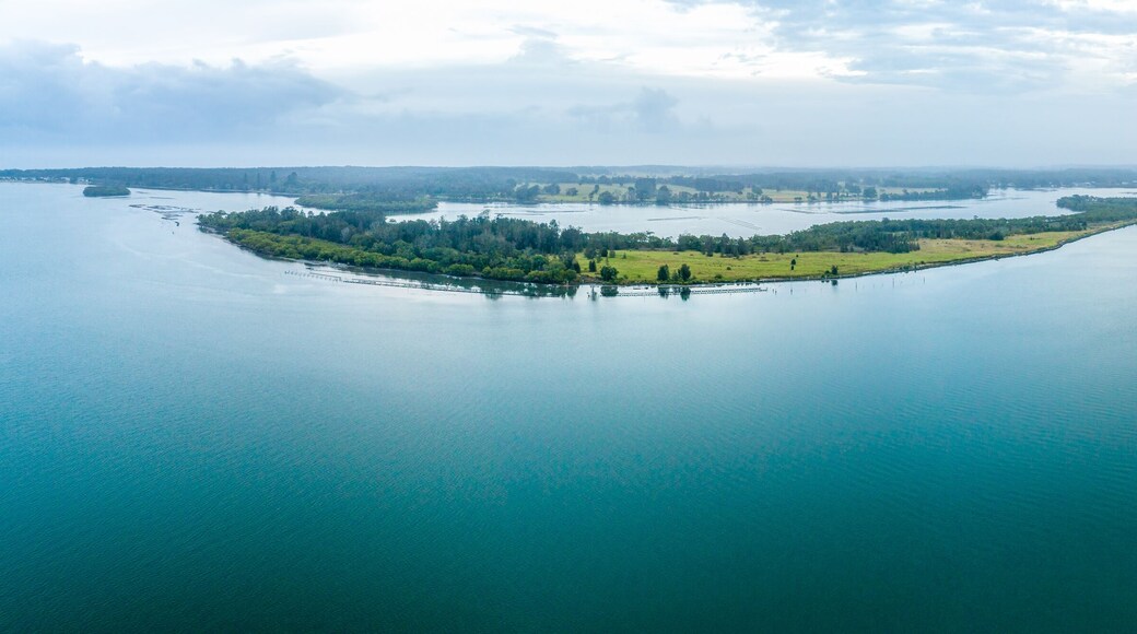 Wide aerial panorama of Manning River with copy space. Harrington, New South Wales, Australia