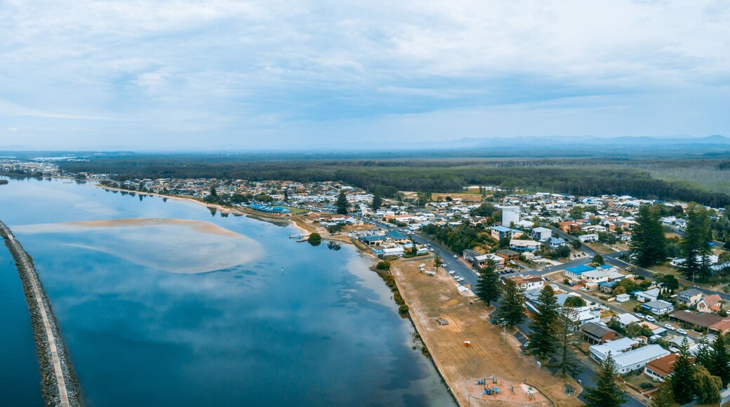 Aerial panorama of Harrington Breakwall and Manning River mouth. Harrington, New South Wales, Australia