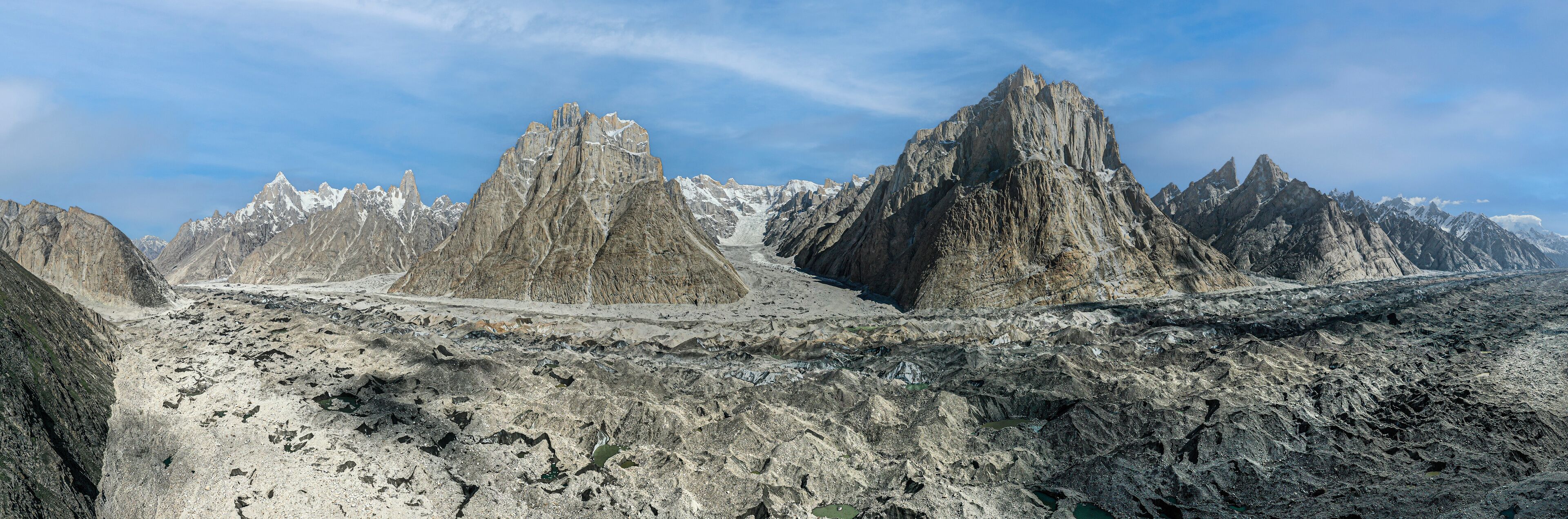 Aerial view of Baltoro glacier with Cathedrals Lobsang spire mountain, Shigar, Gilgit-Baltistan, Pakistan.