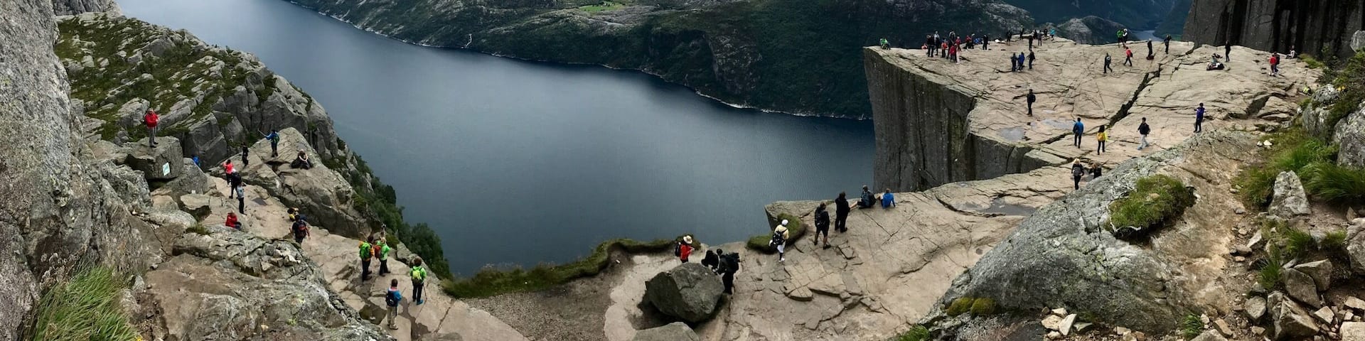 Pano from as high as we could get... couldn't figure out how to get higher despite seeing people above us. Didn't seem safe/worth it... but still high enough to get the rock and fjord... stunning!!