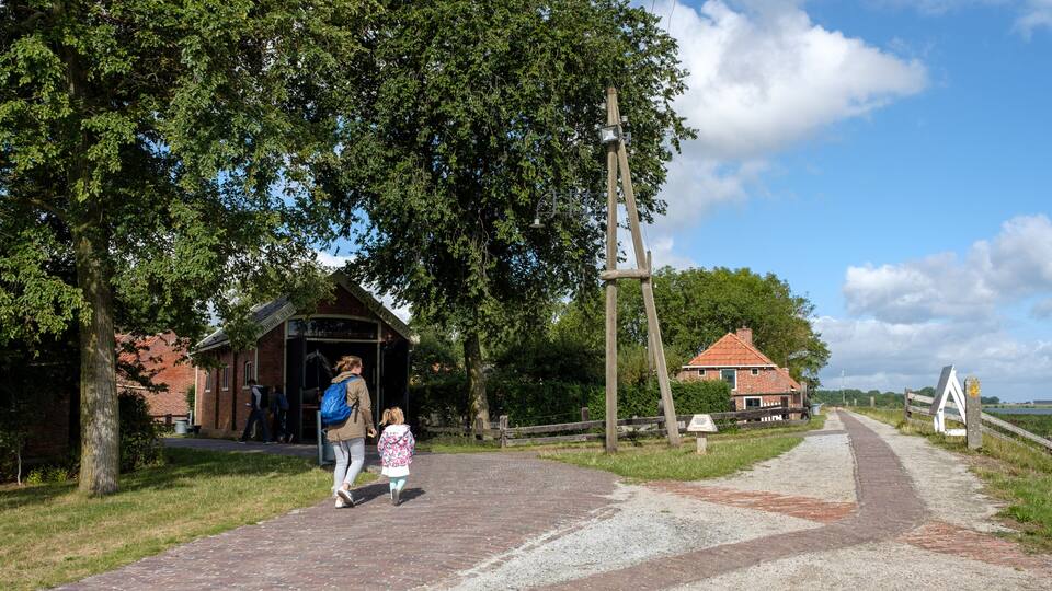 A brick pathway, a wooden fence, a brick building, and a tree-lined area.