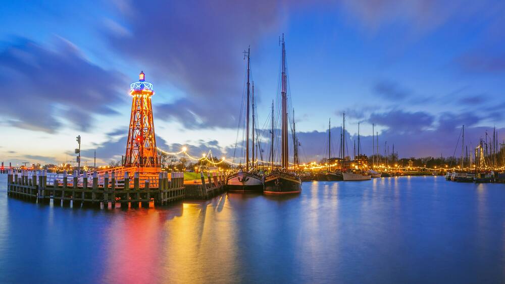 Beautiful sunset in the harbor of Enkhuizen, Netherlands