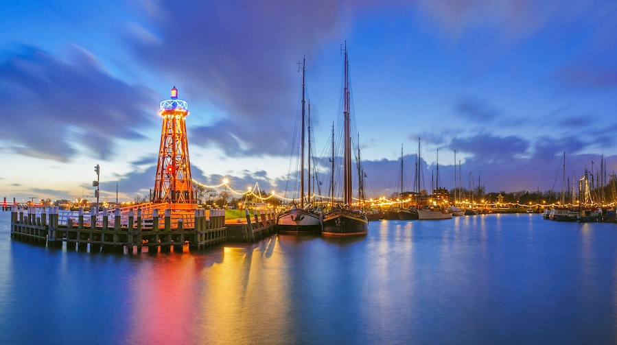 Beautiful sunset in the harbor of Enkhuizen, Netherlands