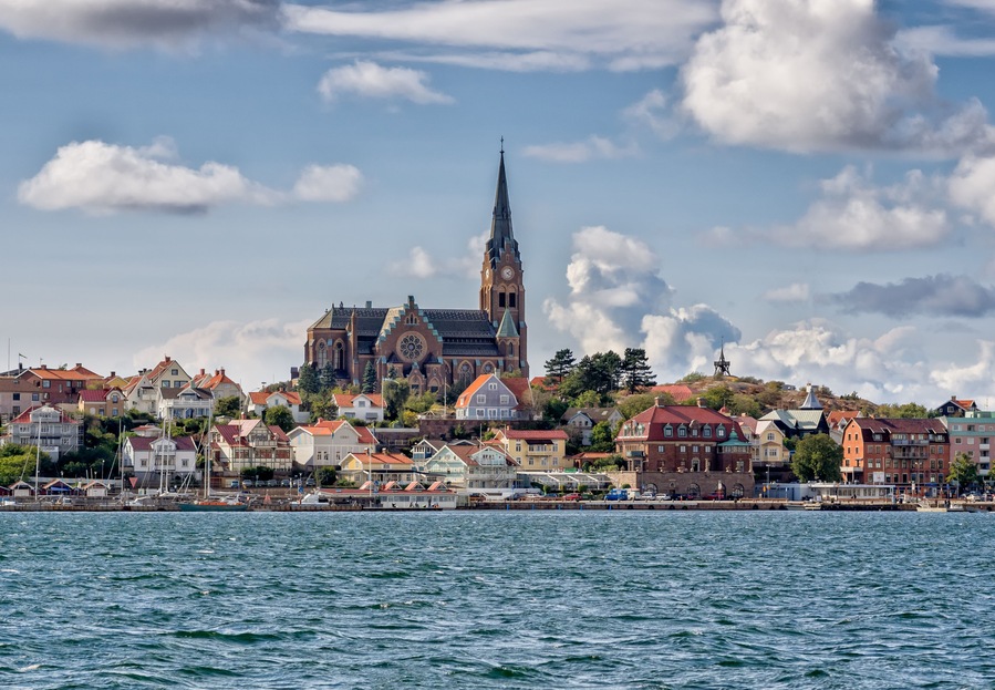 Lysekil historic church viewed from the seaside, Sweden