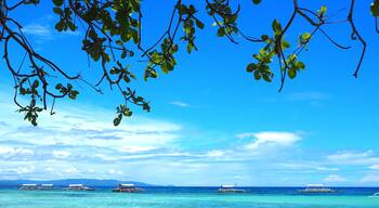 A clear blue sky, turquoise sea, and several boats.