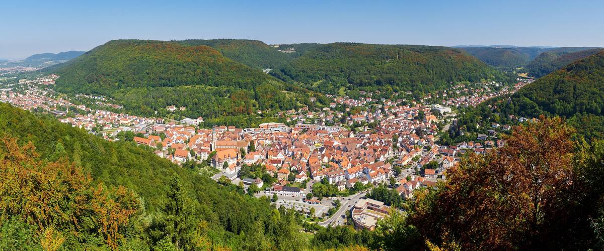 A town nestled in a valley surrounded by forested hills.