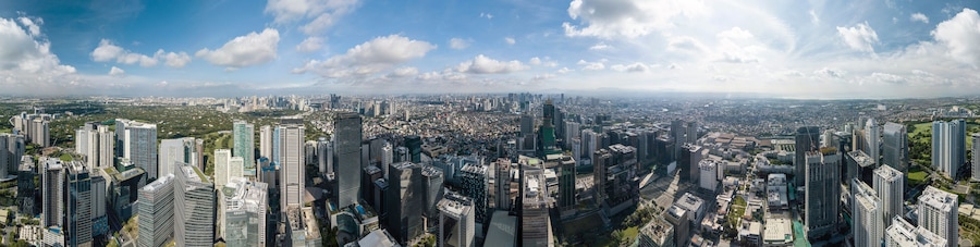 Bonifacio Global City, Taguig, Metro Manila - Aug 2020: Full 360 panorama of Fort Bonifacio Skyline and the entire Metro Manila cityscape. Makati, Ortigas CBDs and Eastwood visible. Mid morning shot.