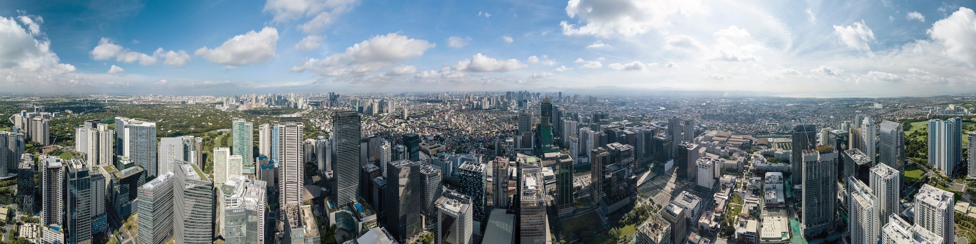 Bonifacio Global City, Taguig, Metro Manila - Aug 2020: Full 360 panorama of Fort Bonifacio Skyline and the entire Metro Manila cityscape. Makati, Ortigas CBDs and Eastwood visible. Mid morning shot.