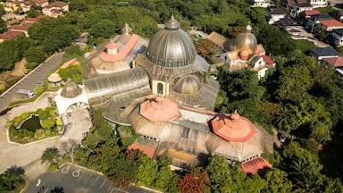 An aerial view of a large, domed building surrounded by lush greenery and residential houses.