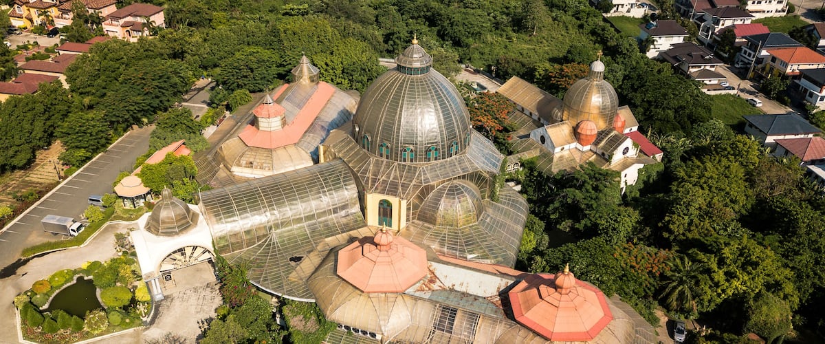 An aerial view of a large, domed building surrounded by lush greenery and residential houses.
