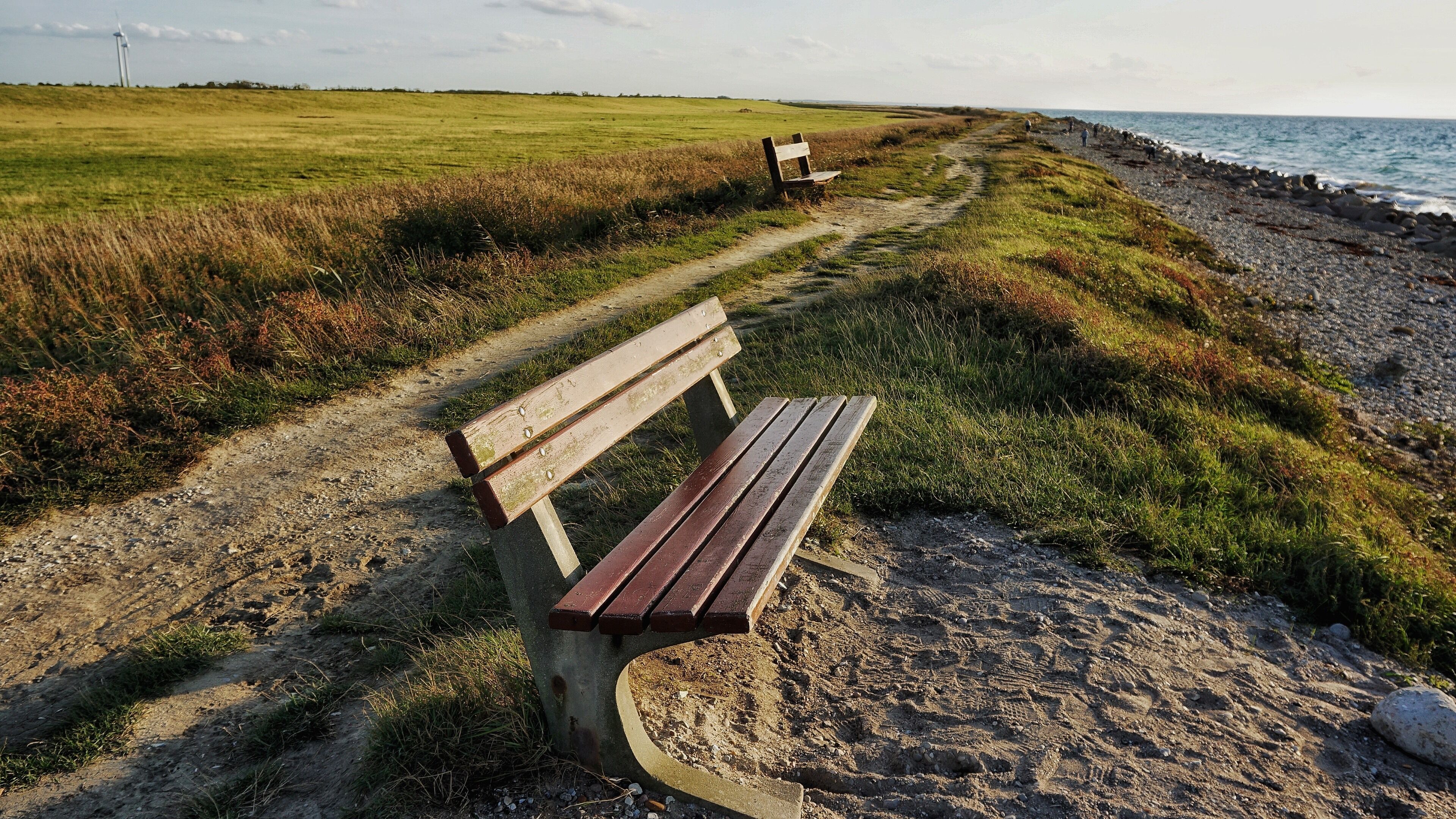 A wooden bench on a sandy path beside a grassy field and a rocky shoreline.