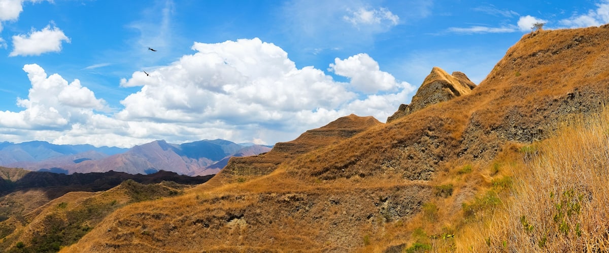 A mountainous landscape with dry grass and a clear sky.