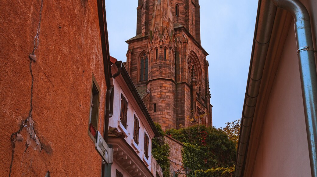 vertical shot of old church in the town of gruenstadt Germany