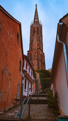 vertical shot of old church in the town of gruenstadt Germany