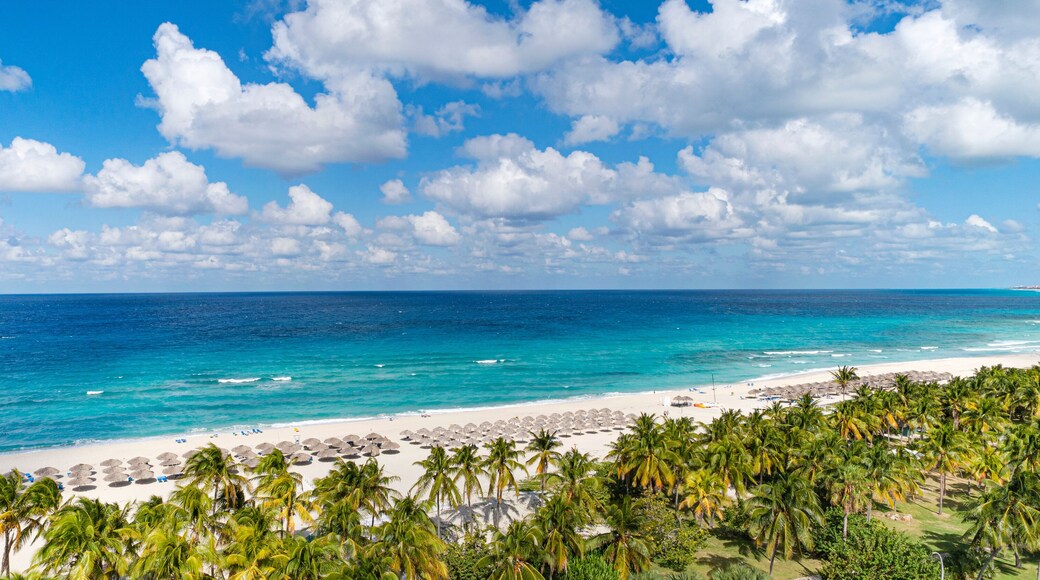 Top view of the Caribbean dream beach in Varadero Cuba with sun lounger and thatched huts. Panoramic view of 20 km long beach of the resort town of Varadero.