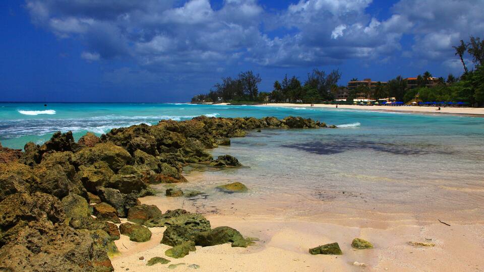 A rocky shoreline with clear turquoise water, a sandy beach, and a backdrop of palm trees and buildings.