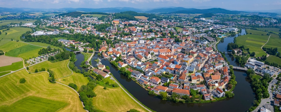 Aerial panoramic view of the city Cham in Germany, Bavaria on a sunny spring afternoon.