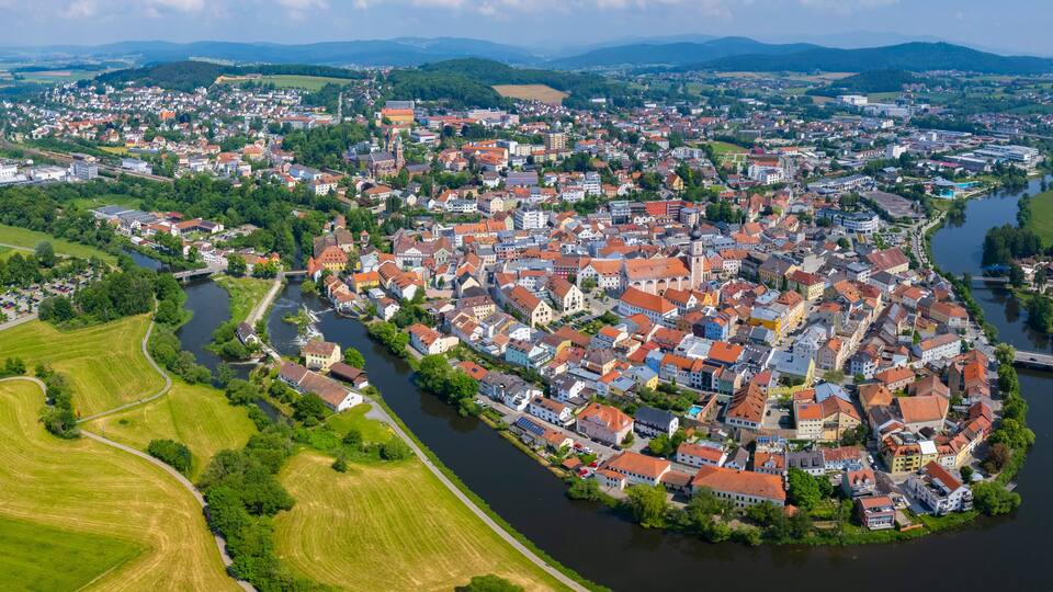Aerial panoramic view of the city Cham in Germany, Bavaria on a sunny spring afternoon.