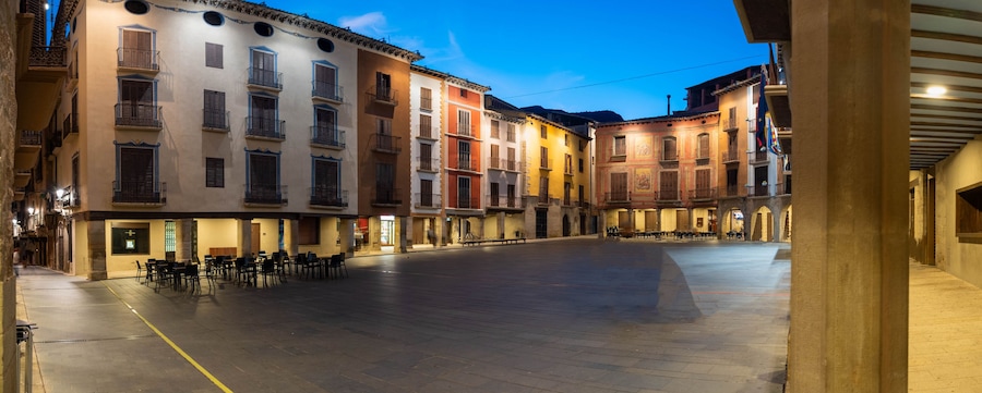 Plaza Mayor, main square of Graus, Aragon, Spain Neoclassical-Style Mural Paintings Square, Graus, Huesca Spain
