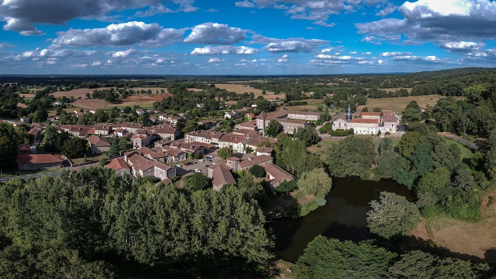 A village with a river, surrounded by forests and fields.