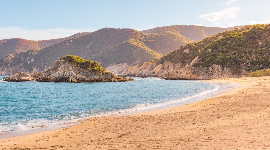 Panoramic view of one of the most iconic and popular beaches in the Halkidiki region - Kalamitsi on the Sithonia peninsula. Visiting Greece and vacation concept