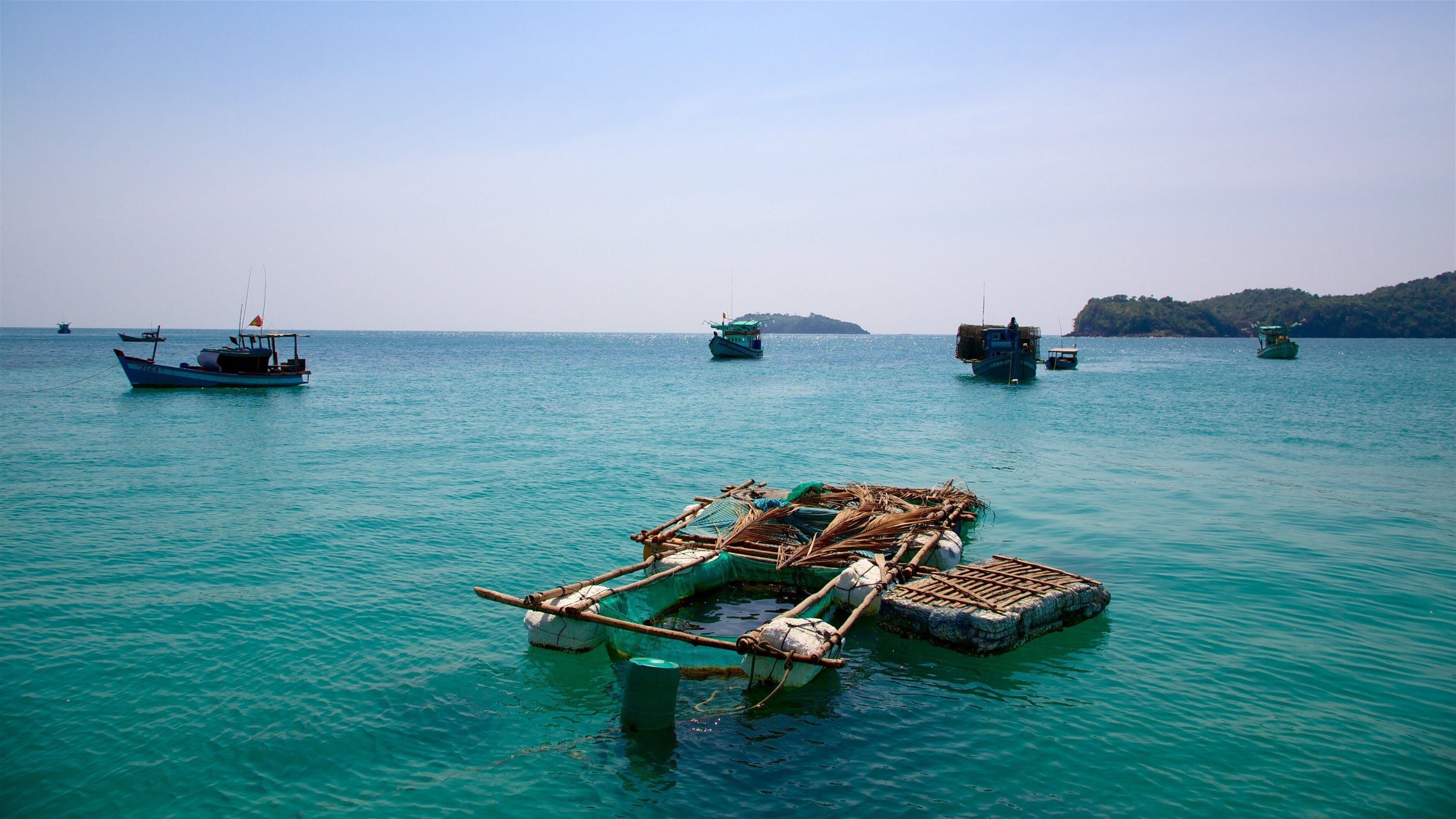 A calm sea with several boats anchored.