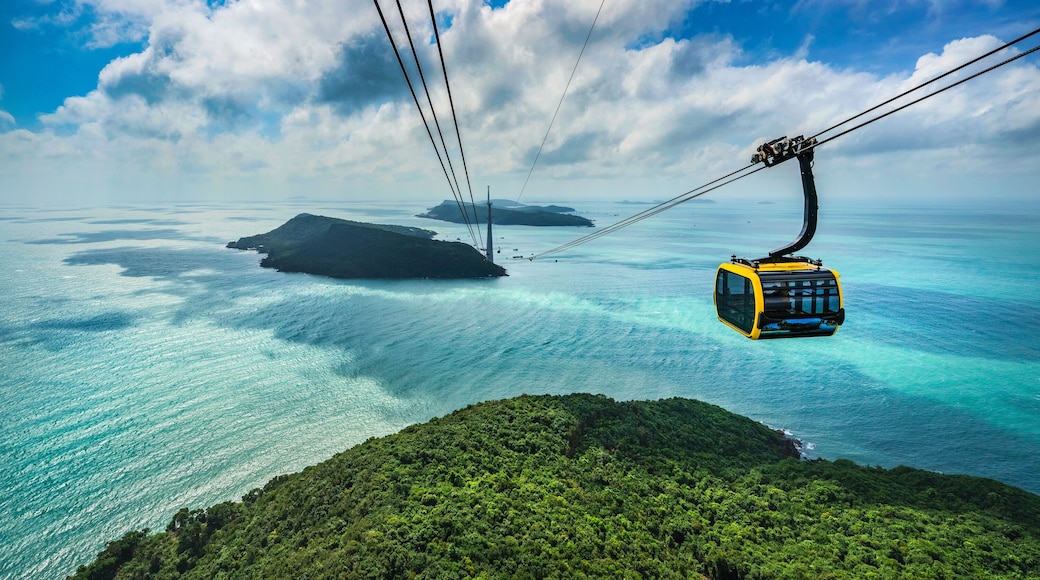 Aerial view of The Longest Cable Car situated on the Phu Quoc Island in South Vietnam. View on area Thom island, Kien Giang