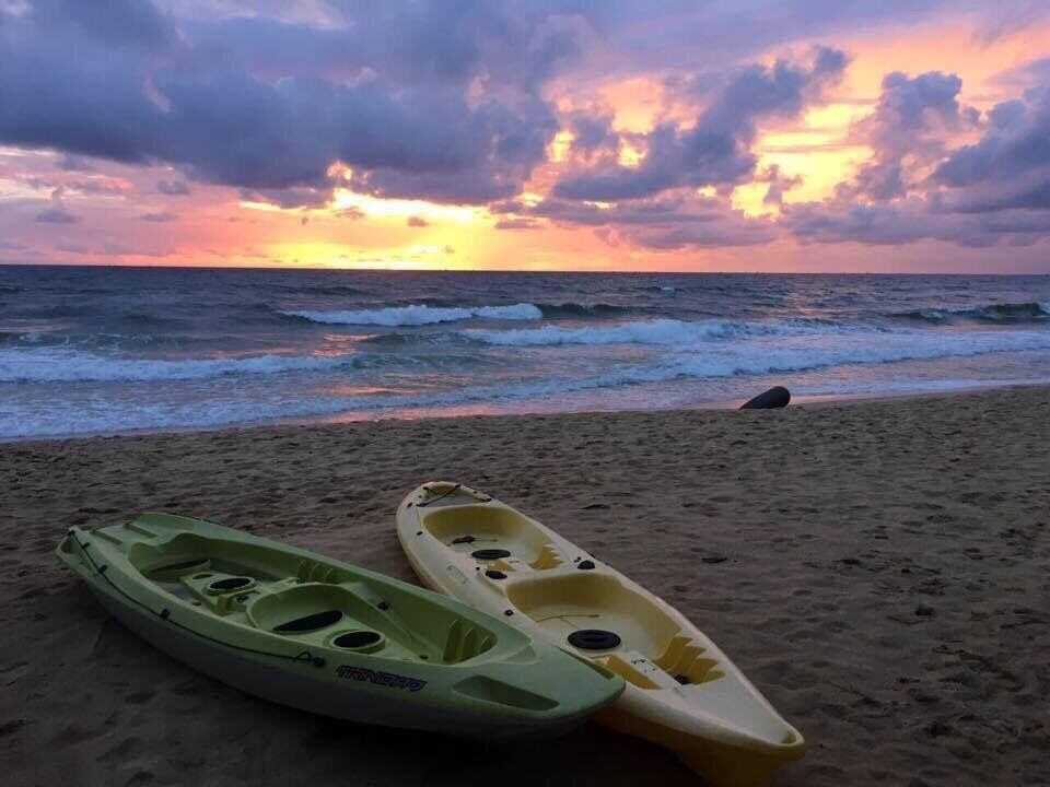 Kayaks on a beach with a sunset over the ocean.