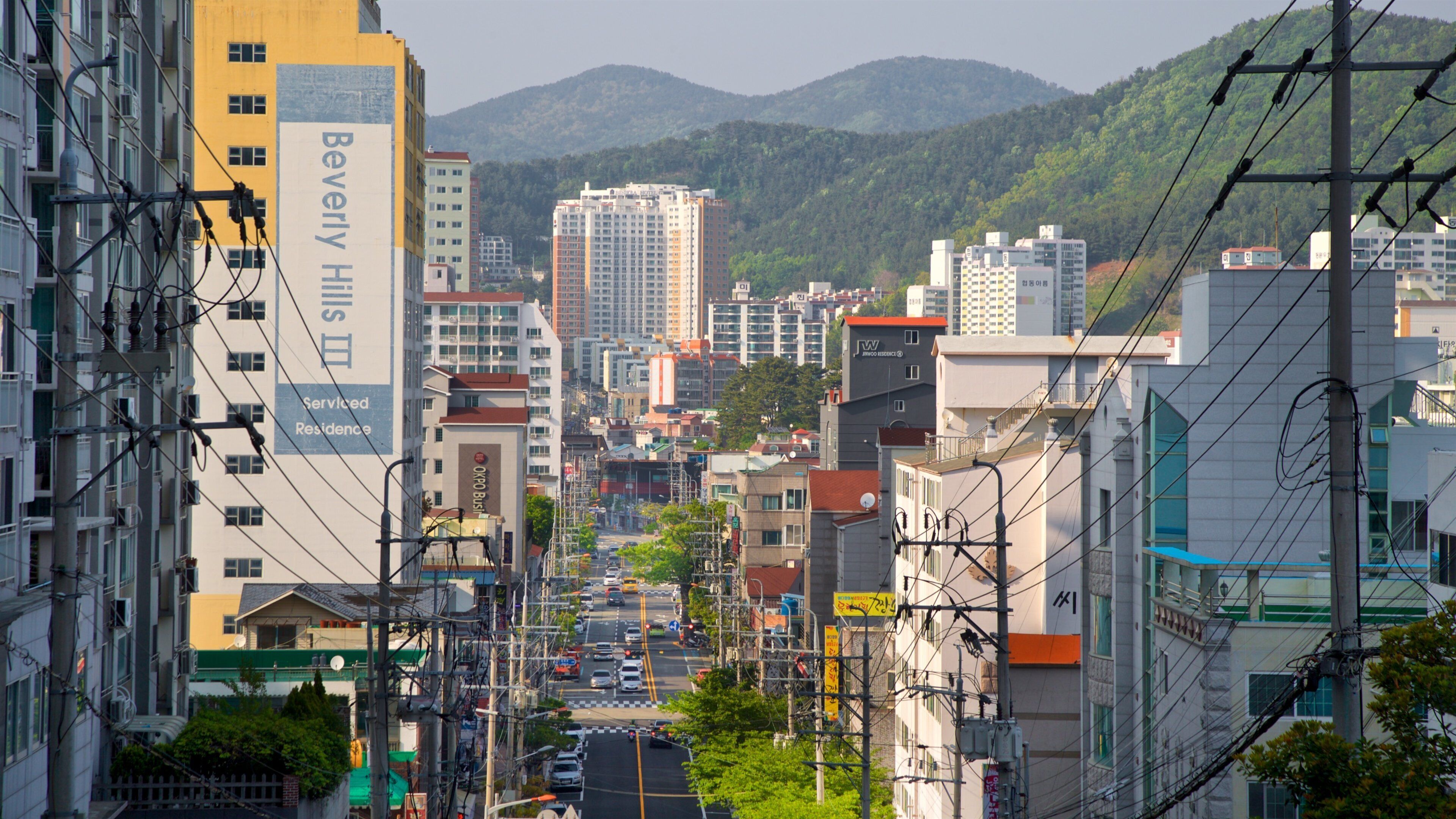 A cityscape with tall buildings, a mountain in the background, and a street with cars.