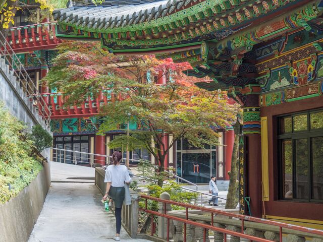 Guinsa Temple, located near Dan-yang, South Korea, is the headquarters of the Cheontae Order of Korean Buddhism which was founded in the 6th century.
Welcoming anyone who wants to make prayer and show devotion it can accommodate up to 10,000 people at a time.
Entering at the bottom, via the Iljoomun Gate,  it is a a fairly step climb to the Great Teacher Hall at the top.