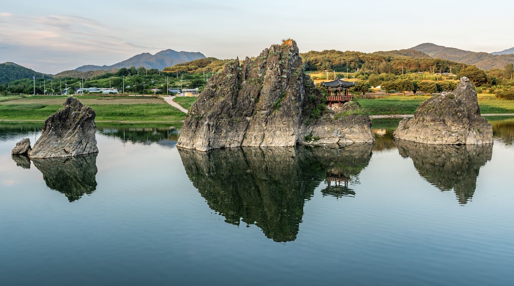 Dodamsambong Three Peaks Reflected in Namhan River, Danyang, South Korea