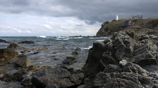 View of the rocky beach on a cloudy day