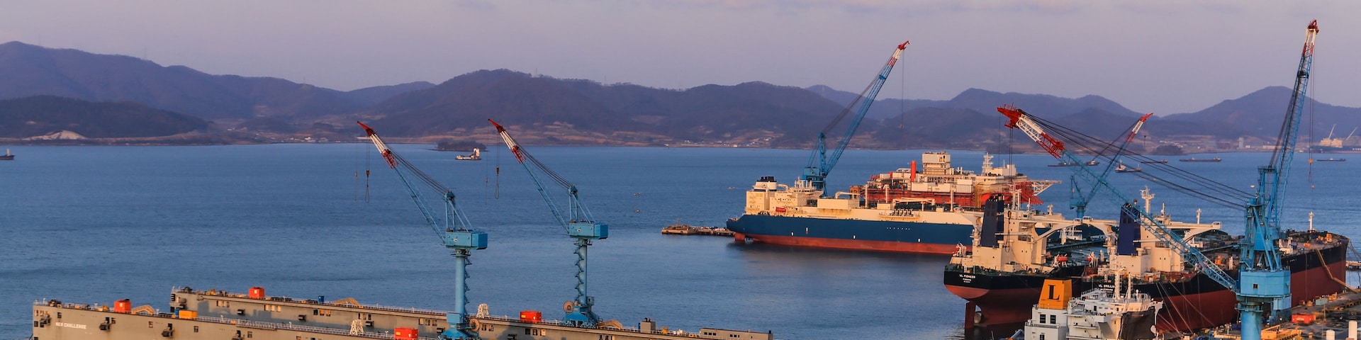 Un puerto concurrido con grandes buques de carga, grúas y un ferry atracado.