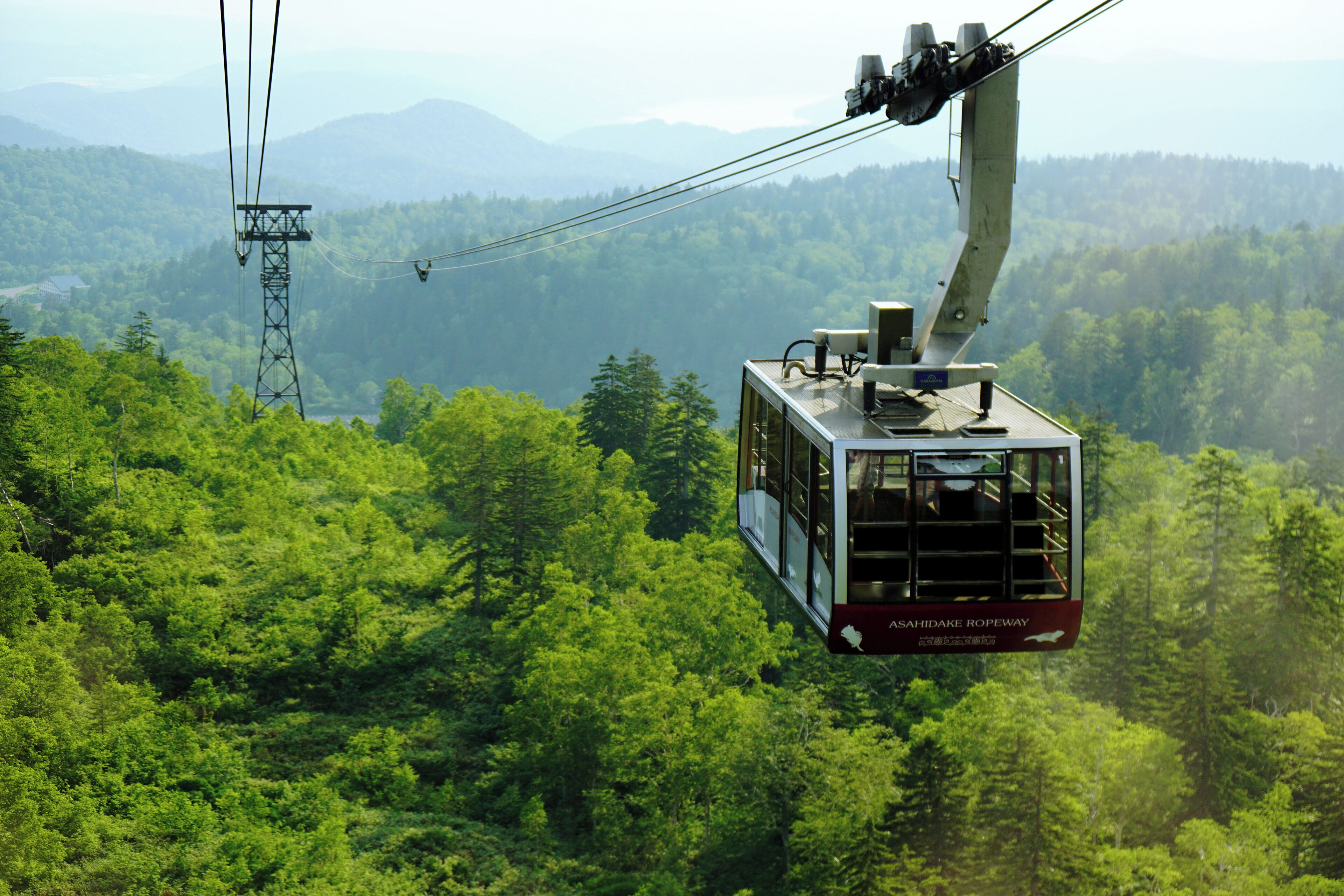 A cable car moving through a forested mountain area with a clear view of the surrounding landscape.