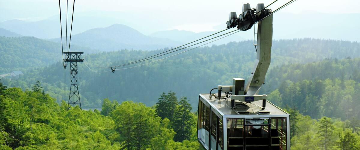 A cable car moving through a forested mountain area with a clear view of the surrounding landscape.