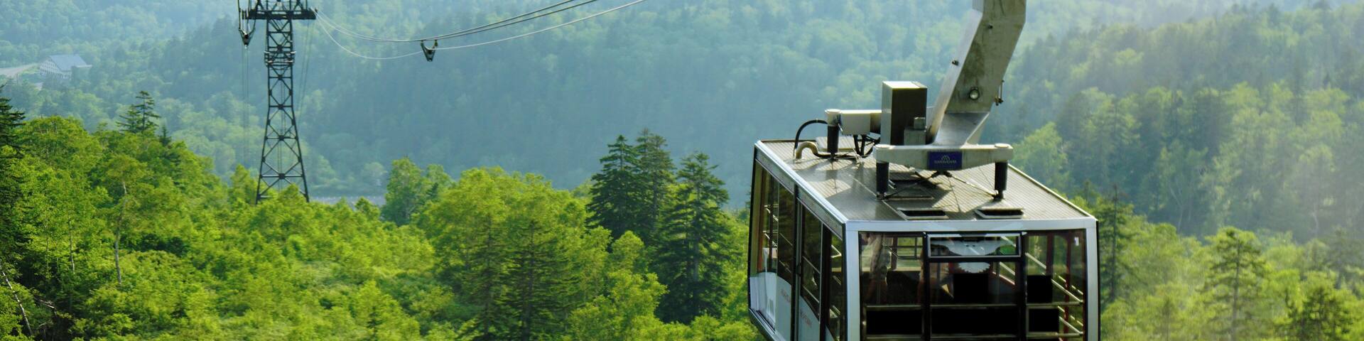 A cable car moving through a forested mountain area with a clear view of the surrounding landscape.