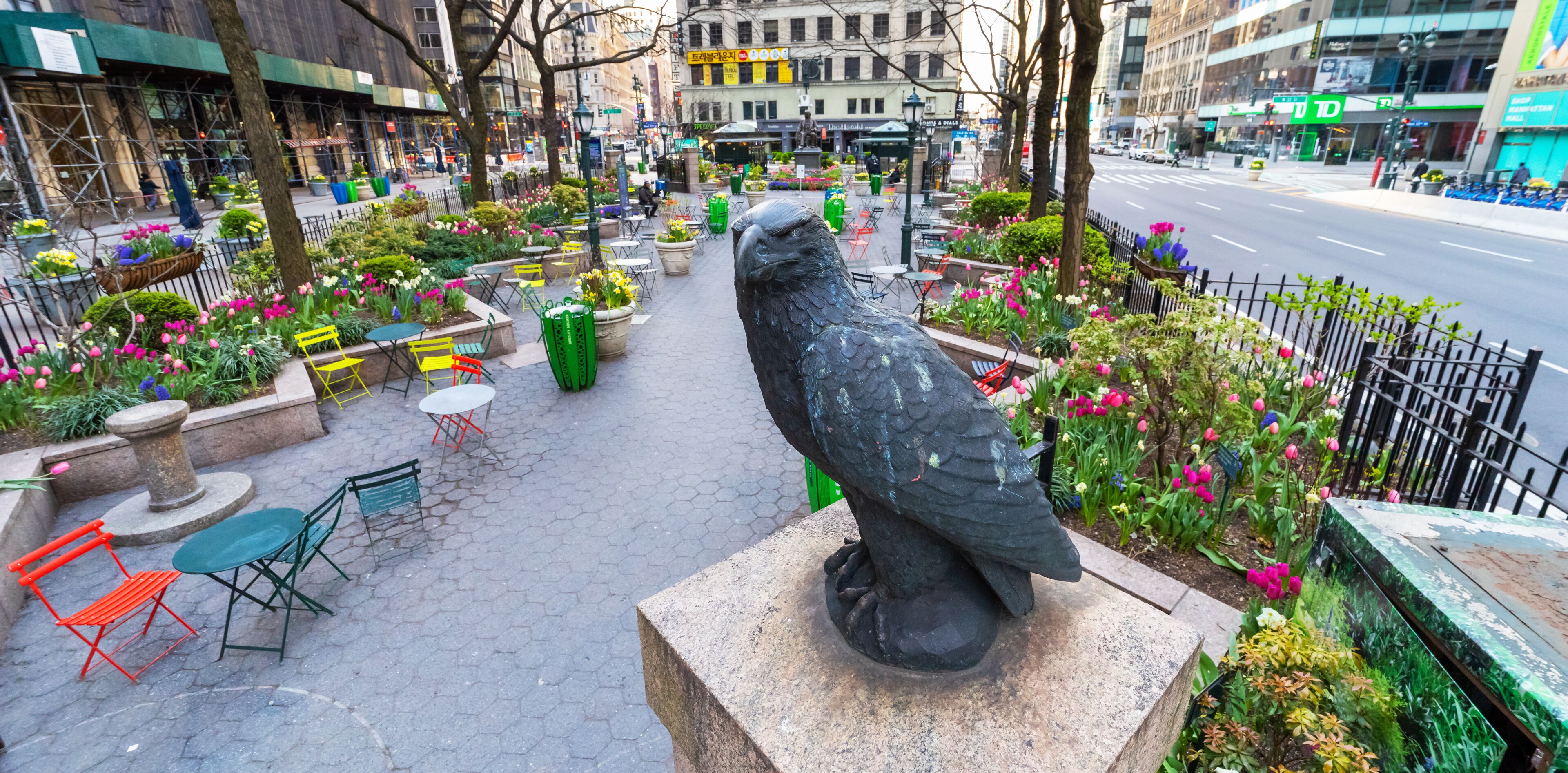 Greeley Square Park, New York City,  with no people due to covid-19 virus social distancing and Pandemic lockdown.