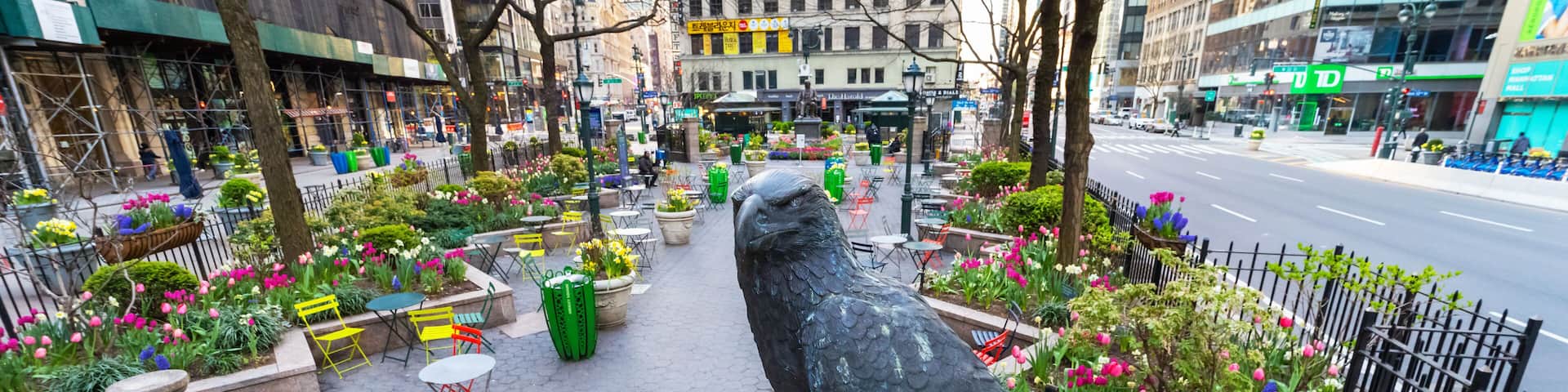 Greeley Square Park, New York City, with no people due to covid-19 virus social distancing and Pandemic lockdown.