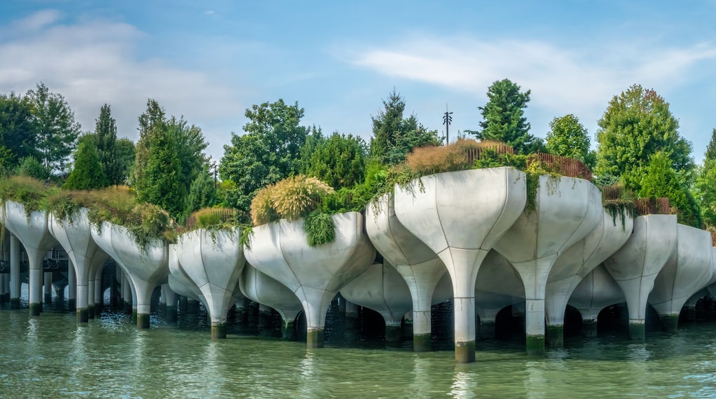 Un ponte originale caratterizzato da strutture organiche simili ad alberi, che lo sostengono su un corso d'acqua, con sullo sfondo lo skyline di una città.