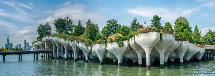 A unique bridge with organic, tree-like structures supporting it over a body of water, with a city skyline in the background.