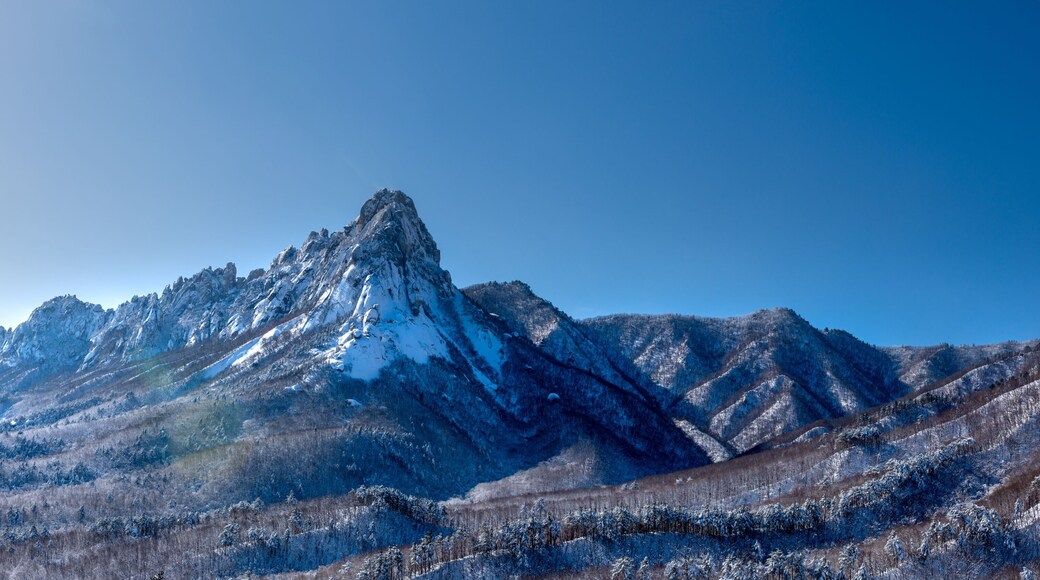 Panoramic view of snow covered Ulsanrock at Seoraksan Mountain near Goseong-gun, South Korea