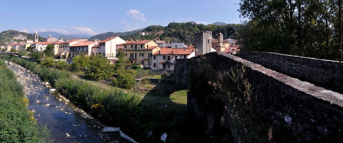 A river flowing through a town with buildings and a stone wall.